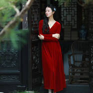 一城風(fēng)絮蔓汐花敘丨原創(chuàng  )設計丨春秋純色絲絨顯瘦性感V領(lǐng)復古風(fēng)打褶連衣裙 【酒紅色】絲絨V領(lǐng)連衣裙 S