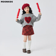 moonkids女童半身裙2025秋冬新款兒童加厚格子裙百褶短裙大童新年a字裙子 兩件套【19762灰色毛衣+4536紅色短裙】 170 cm