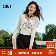 森馬長袖T恤女短款蝴蝶結(jié)字母春秋溫柔蕾絲緊身上衣107624101001