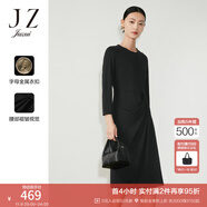 玖姿（JUZUI）圓領(lǐng)長袖連衣裙女裝春款設(shè)計感肌理顯瘦通勤小黑裙 素黑 L