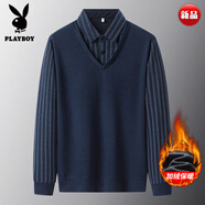 花花公子（PLAYBOY）爸爸秋裝長(cháng)袖T恤男假兩件上衣打底衫中老年男裝冬季老人衣服爺爺 深藍色 加絨 M 70-120斤