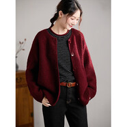 偶蔓100%圈圈羊毛輕柔保暖中長(cháng)款毛衣外套 秋冬新款寬松顯瘦上衣 海棠紅 M