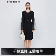 S.DEER圣迪奧女裝羅紋V領(lǐng)暈染網(wǎng)紗荷葉邊連衣裙S23481205 黑色/91 XL