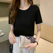 王熙麥純色女士純棉短袖t恤女新款夏季圓領(lǐng)正肩t恤上衣半袖女潮打底衫 黑色 M 建議90-100斤