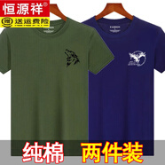 恒源祥高檔25年夏季純棉短袖T恤男寬松大碼休閑打底汗衫男裝上衣服體恤 軍綠狼頭+藏藍小鷹 M 建議90-110斤