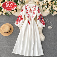 浪莎波西米亞民族風(fēng)刺繡花朵圓領(lǐng)燈籠袖褶皺寬松顯瘦百搭長(cháng)裙連衣裙女 白色 均碼