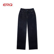 ERQ女式多色中腰直筒褲闊腿牛仔長(cháng)褲棉無(wú)彈901088 深藍色 M M