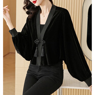 金嬌莉中國風(fēng)盤(pán)扣金絲絨外套新中式短款披肩上衣女國風(fēng)寬松遮肚蝙蝠袖開(kāi) 黑色今年女裝/夏季薄外.套/休閑/修身/高級感 M 建議80至120斤