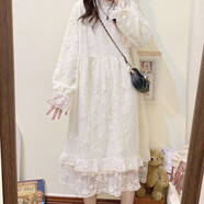 法式公主裙仙女裙冬季日系甜美蕾絲長(cháng)袖加絨連衣裙立領(lǐng)寬松a字裙 杏色連衣裙【加絨優(yōu)質(zhì)版】 S  （建議80-100斤左右）