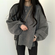 繡蜂ins慵懶風(fēng)寬松圓領(lǐng)中長(cháng)款針織毛衣純色套頭厚款毛衣下擺開(kāi)叉 灰色 L