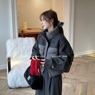 俞兆林（YUZHAOLIN）立領(lǐng)毛呢拼接棉服外套女2025秋冬新款立領(lǐng)短款小個(gè)子時(shí)尚保暖外套 黑色 L 建議120-140斤