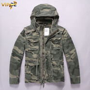 VIPOL秋冬季新款加厚連帽迷彩外套歐美復古立領(lǐng)夾克男多口袋中長(cháng)款上衣 綠迷彩 L