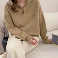 HM韓系刺繡圖案半拉鏈翻領(lǐng)套頭毛衣女秋冬季新款寬松百搭 駝色 均碼