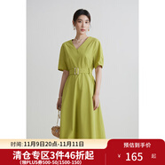 獨束大碼女裝氣質(zhì)簡約V領(lǐng)連衣裙高腰顯瘦長裙日常通勤2024夏季新 針葉綠 M (尺碼：1)