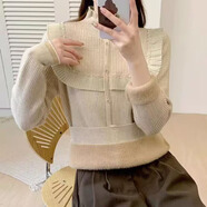 香影純蕾絲半高領(lǐng)加絨加厚毛衣女內搭2024新款秋冬一體絨針織打底衫上衣 燕麥色 S  (建議95斤以?xún)?