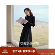 茵曼法式燈芯絨連衣裙秋冬女裝高領長袖A擺針織中長裙子 午夜黑- L