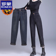 羅蒙（ROMON）松緊腰牛仔褲女加絨加厚冬季媽媽高腰寬松微垮褲小個(gè)子黑色褲子女 藍色 S  【90-100斤】