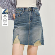 茵曼（INMAN）茵曼復古藍色破洞牛仔短裙2026春女裝新款中腰包臀A字裙 牛仔藍 L