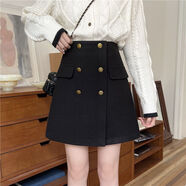 大碼設計感不規則半身裙子ins遮胯毛呢A字裙胖mm秋冬顯瘦包臂短裙 黑色 S  建議90-100斤