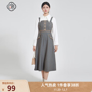 固執（OBSTINATE）【特價(jià)】復古連衣裙女裝秋冬新款收腰顯瘦日常通勤格子背帶裙 藍色 M