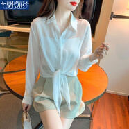 莫代爾春秋休閑百搭純色2025寬松襯衫女2法式甜美系帶薄款雪紡長(cháng)袖襯衣 白色 M 建議95-105斤