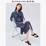 佐丹奴裙子女新款文藝風(fēng)開(kāi)叉下擺暗條紋長(cháng)袖襯衫連衣裙女05465070