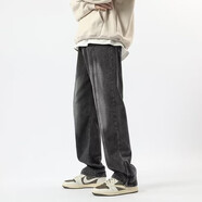 蕭蕭布落美式高街黃泥染水洗做舊牛仔褲男春季潮牌直筒微喇叭顯瘦長(cháng)褲子LS LSFS-NK03黑色 M