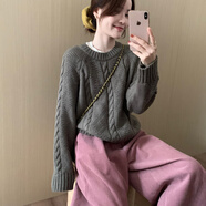 粗線(xiàn)毛衣女話(huà)里甜美氣質(zhì)麻花套頭毛衣2025秋季新款韓版休閑寬松慵 灰咖色 均碼