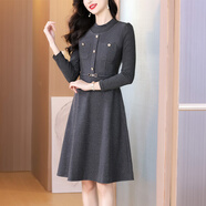 毛呢連衣裙女秋冬裝秋冬新款毛呢灰色立領(lǐng)長(cháng)袖連衣裙收腰顯瘦媽媽 灰色 M 90-105斤