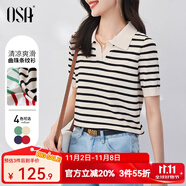 歐莎（OSA）條紋polo領(lǐng)針織衫短袖女高端夏季冰絲薄款休閑百搭顯瘦上衣 杏色 2XL