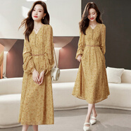 雪紡連衣裙子女士裝秋冬季2025年新款碎花媽媽氣質(zhì)穿搭長(cháng)袖中長(cháng)裙 圖片色（送腰帶） M