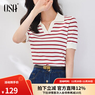 歐莎（OSA）條紋polo領(lǐng)針織衫短袖女高端夏季冰絲薄款休閑百搭顯瘦上衣 紅色 M