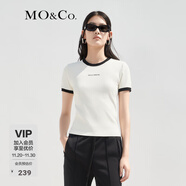 MO&Co.撞邊圓領(lǐng)字母組合標語(yǔ)印花修身短袖T恤美式上衣上裝摩安珂 米杏色 S 160