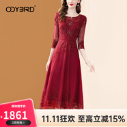 歐迪鳥(niǎo)（ODYBIRD）正式場(chǎng)合連衣裙女2025新款秋季氣質(zhì)優(yōu)雅顯瘦紅色繡花網(wǎng)紗裙子 紅色 S