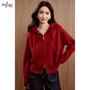 伊芙麗（eifini）蔣欣代言連帽休閑寬松系帶軟糯厚實(shí)毛針織衫外套冬季新款毛衣女 紅色 S 80-100斤
