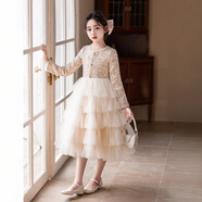 小咔衣濃（Xiaokayinong）女童公主裙高端蓬蓬紗裙兒童生日宴party小禮服鋼琴演奏演出服 香檳色長(cháng)袖短款連衣裙 160
