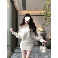 綾庭鷹小香風(fēng)燙鉆針織連衣裙女秋冬純欲性感一字肩包臀裙蝙蝠袖毛衣裙子 白色 M 建議90-100斤