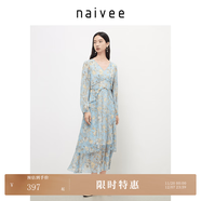 納薇（naivee）商場(chǎng)同款春夏真絲桑蠶絲度假風(fēng)V領(lǐng)收腰印花連衣裙女 蔚藍 L 165/88A