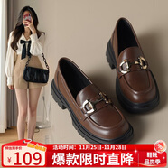 ZHR樂(lè )福鞋女軟底百搭圓頭小皮鞋子女英倫風(fēng)粗跟女鞋 OFTEP06 棕色 35