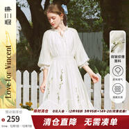 兩三事梵高文藝迷霧芳影2025春季新款法式蕾絲拼接燈籠袖繡花連衣裙 白色 L