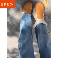 紅蜻蜓加絨加厚藍色窄版直筒牛仔褲女春秋冬微胖梨形小個(gè)子顯瘦闊腿褲子 淺藍色 加絨 小個(gè)子 M （95-105斤）