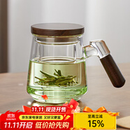 憶壺茶（YIHUTEA）泡茶杯茶水分離玻璃杯辦公室家用水杯男士茶杯玻璃高硼硅綠茶杯子 【500ML】胡桃木把手+實(shí)木蓋