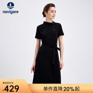 Navigare意大利小帆船女士連衣裙25夏季休閑百搭裙子不對稱(chēng)翻領(lǐng)通勤中長(cháng)裙 暗夜黑 M
