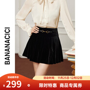 banana cici2024年秋冬新款復古裝飾腰帶百褶高腰黑絲絨半身短裙C2F4QZ227 黑色 S