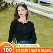 百圖betu女裝秋新款T恤圓領(lǐng)長(cháng)袖精致蝴蝶結紐扣針織T恤女2308T19 黑色 S