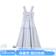 西町村屋（SETIROM）連衣裙女2023春季新款文藝長(cháng)裙子法式水墨花朵抽褶吊帶裙 XAAB10101淺藍色 均碼