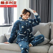 維多利亞的格調睡衣女冬季三層加厚夾棉睡衣女珊瑚絨法蘭絨秋冬天保暖棉襖家居服 藏青楓葉片 XL(160CM-168CM 110斤-130斤)