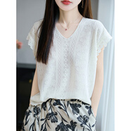 MONTAGUT時(shí)尚休閑短袖體恤T恤t2025新款夏極簡(jiǎn)風(fēng)休閑百搭V領(lǐng)亞麻鏤空鉤花 白色 M
