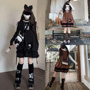 背帶裙女韓版學(xué)生原創(chuàng  )復古波點(diǎn)日系可愛(ài)花苞背心裙刺繡花苞蛋糕裙 咖色背心裙+杏色長(cháng)袖內搭 S