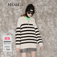 MO&Co.【美麗諾羊毛】 原創(chuàng)LOGO條紋毛衣翻領上衣女拉鏈毛衣針織衫 白黑條色-第2批 XS 155
